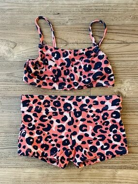Cat & Jack Girls Coral Pink Leopard Print Ribbed Two-Piece Swim Set